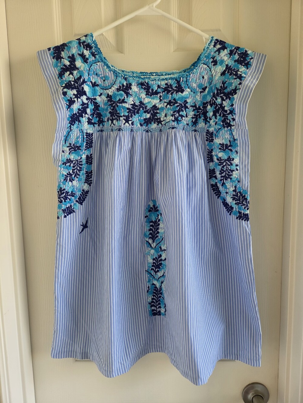 Mi Golondrina Flores Blue Striped Embroidered Blouse Top Square Neck Size M